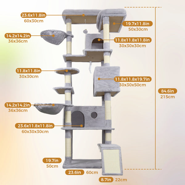 84.6 In Light Gray Cat Tree Tower With Wide Base, 3 Large Hinding Condo, 11 Sisal Scratching Post, Sisal Scratching Ladder, 2 Hammocks, Large Top Platform, Many Landing Perch And Interactive Toy