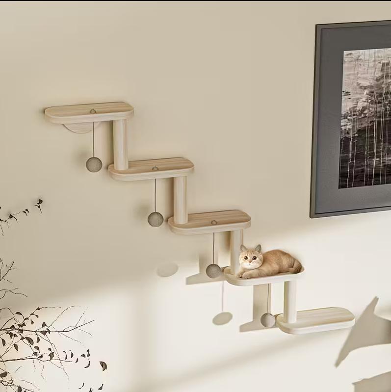 DIY Modular Cat Wall Climbing Frame, 4 Cat Balls, Multi-tiered Cat Tree, Wall-mounted Space-saving Indoor Cat Climbing Frame, Cat Play And Activity Center, Wooden Cat Furniture