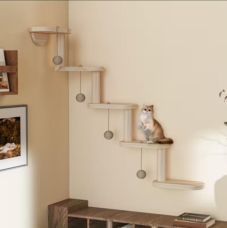 DIY Modular Cat Wall Climbing Frame, 4 Cat Balls, Multi-tiered Cat Tree, Wall-mounted Space-saving Indoor Cat Climbing Frame, Cat Play And Activity Center, Wooden Cat Furniture