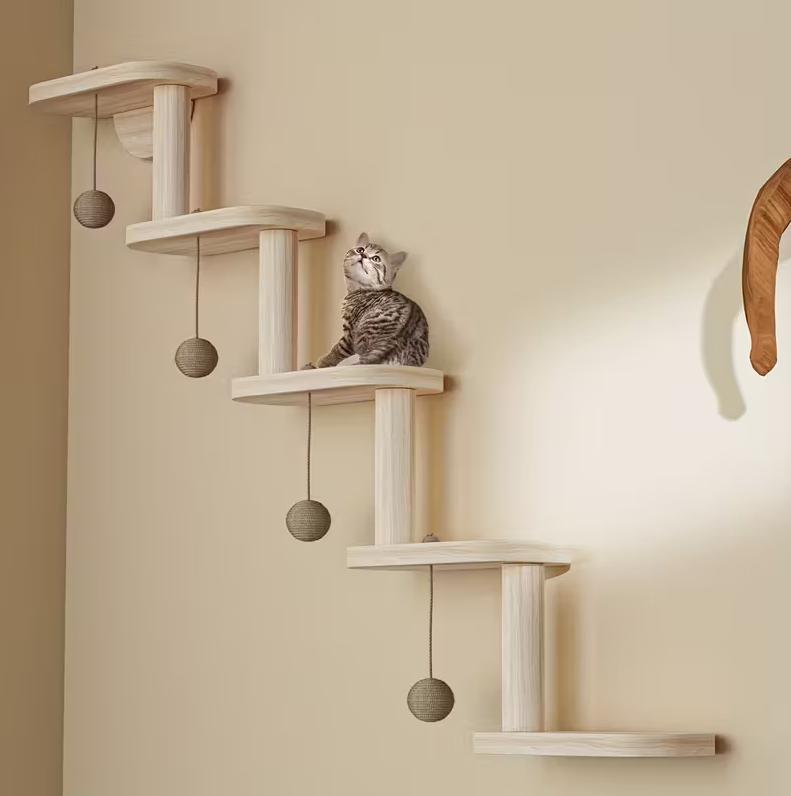 DIY Modular Cat Wall Climbing Frame, 4 Cat Balls, Multi-tiered Cat Tree, Wall-mounted Space-saving Indoor Cat Climbing Frame, Cat Play And Activity Center, Wooden Cat Furniture